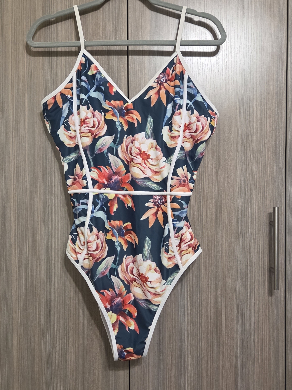 Floral One-Piece Swimsuit with White Piping